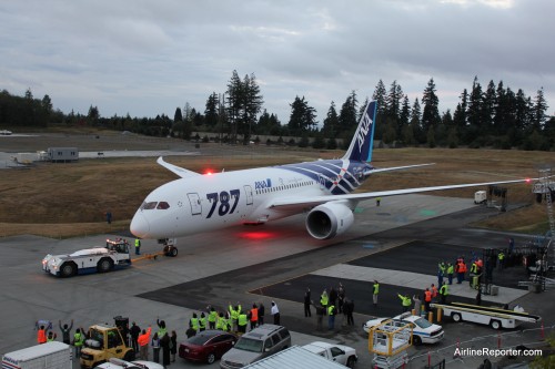 ANA's first Boeing 787 Dreamliner is being towed to fly to Japan for the first time on September 27, 2011.