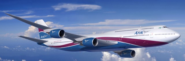 Computer mock up of what Arik Air's first Boeing 747-8 Intercontinental will look like. Photo from Boeing. Click for much larger.