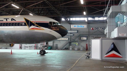 The Spirit of Delta, a Boeing 767-200 (N102DA), parked at the Delta Heritage Museum