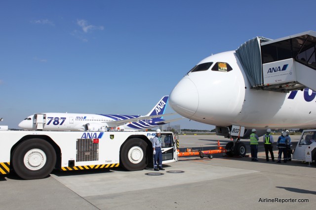 ANA's first 787 Dreamliner (JA801A) sits in the background at their second (JA802A) waits to take us for a ride. 