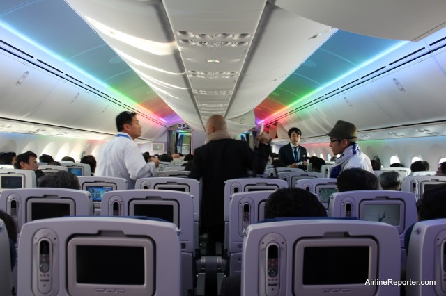 A nice little rainbow surprise when boarding the ANA 787 Dreamliner. This is not a standard lighting configuration, but it sure is groovy. 