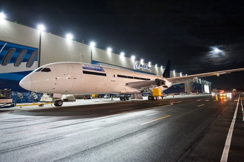 United's first Boeing 787 Dreamliner gets pulled in front of the factory located in Everett, WA. Photo by Boeing. Click for larger.