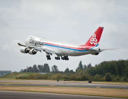 Cargolux's first Boeing 747-8F (LX-VCB) takes off from Paine Field earlier today.