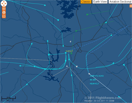 South Ops in Charlotte:  Just put your cursor on an aircraft and it will give you the flight number, aircraft type, flight level, speed and origin/destination.(Image used with permission).
