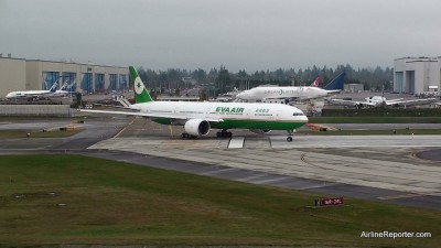 Eva Air Boeing 777-300ER (B-16715) about ready to take off from Paine Field on its delivery flight on Sunday.