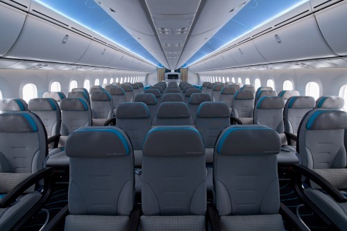 The new interior of ZA003. This is the first time seeing a 3-3-3 layout in the Dreamliner.