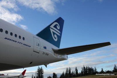 Air New Zealand's first Boeing 777-300ER (ZK-OKM) parked next to the Future of Flight at Paine Field