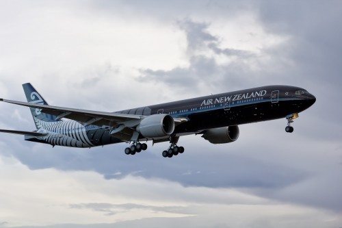 Air New Zealand's Boeing 777-300ER with All Blacks livery (ZK-OKQ) had her first flight at Paine Field on the 30th. Photo by Liz Matzelle.