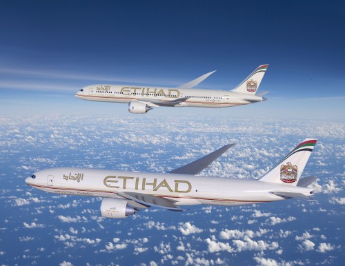 ABU DHABI, United Arab Emirates, Dec. 12, 2011 — Boeing [NYSE: BA] and Etihad Airways, the national airline of the United Arab Emirates, today announced an order for 10 Boeing 787-9 Dreamliners and two Boeing 777 Freighters. Valued at a combined $2.8 billion at current list prices, this order will make Etihad the world"s largest airline customer of the 787-9. Etihad has a total of 41 787s on order. Pictured here, the 787-9 and 777 Freighter in Etihad livery.