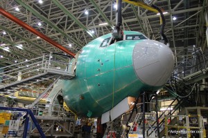 Boeing's 1000th 767 (JA622A) that is in the final assembly stage in the Boeing Factory.