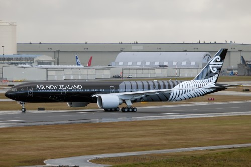 Air New Zealand Boeing 777-300ER (ZK-OKQ) taxiing at Paine Field on December 30th. Photo by Kristopher Hull.