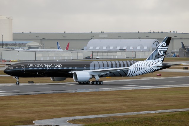 Air New Zealand Boeing 777-300ER (ZK-OKQ) taxiing at Paine Field on December 30th. Photo by Kristopher Hull. 