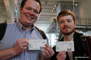 ANZbehind4 Me and Jeremy Dwyer-Lindgren (with NYC Aviation) show off our boarding passes before getting on board at Paine Field.