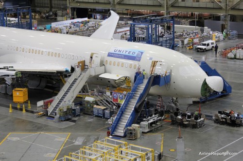 United Airline's first Boeing 787 Dreamliner (line number 45) on the factory florr on September 25, 2011.