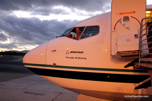 The pilot is ready to take these Alaska Airlines passengers to Hawaii!