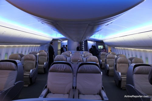 The business class section of the Boeing 747-8 International mock-up has amazing lighting.