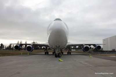 Boeing 747-400 Dreamlifter (N747BC) parked next to the Future of Flight at Paine Field.