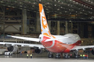 The first Boeing 747-8 Intercontinental coming out of the Boeing hangar.