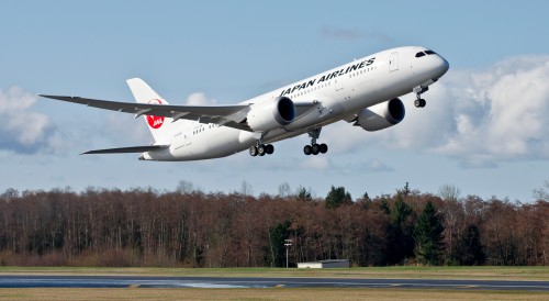 HI RES IMAGE (click for larger). JAL's Boeing 787 Dreamliner taking off at Paine Field. Photo by Boeing.