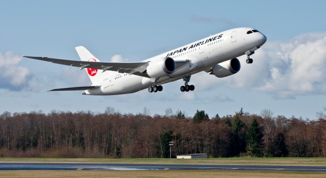 HI RES IMAGE (click for larger). JAL's Boeing 787 Dreamliner taking off at Paine Field. Photo by Boeing. 