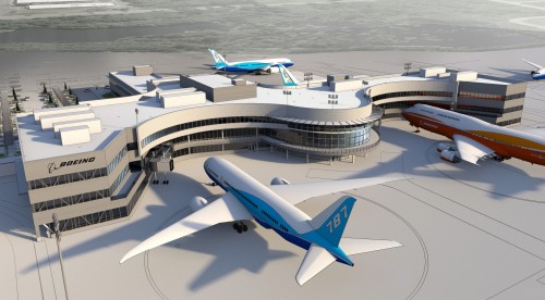 View of what Boeing expects the new Everett Delivery Center to look like. Photo from Boeing. Click for larger.