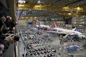 The Boeing 787 Dreamliner line inside the Boeing Factory. Here are 787s for Air India, JAL and China Southern.