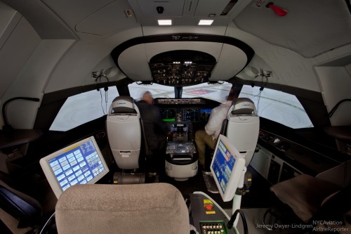 Inside the Boeing 787 flight simulator. Photo by Jeremy Dwyer-Lindgren / NYCAviation.com.