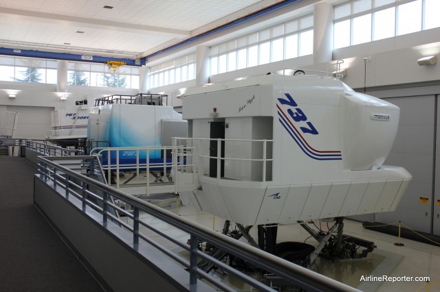 The room we were in had four simulators. Two for the 787, one for the 737 and one for the 767. Notice how they are painted in different Boeing liveries. Photo by David Parker Brown / AirlineReporter.com