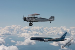 Boeing's oldest (Model 40) and newest planes (787 Dreamliner) flying together. Photo by Ryan Pemberton.