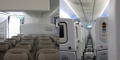 JAL (left) went for more width on each economy seat, where ANA (right) gave more arm room for the folks stuck in the middle.