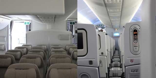 JAL (left) went for more width on each economy seat, where ANA (right) gave more arm room for the folks stuck in the middle. 