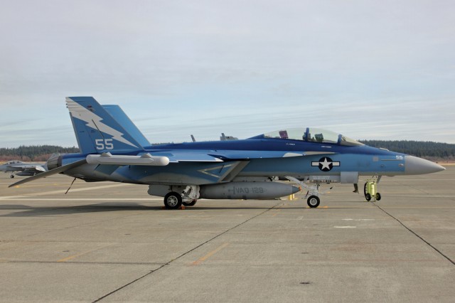 An EA-18G Growler sits at NAS Whidbey. Photo by Alex Jossi.  