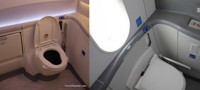 JAL's lavatories aren't bad (on the left), but you can't beat a lavatory with a window in it that ANA has. 
