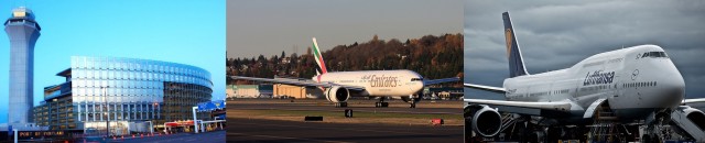 Portland Airport (via the Port of Portland), Emirates Boeing 777 and Lufthansa Boeing 747-8I (via Jeremy Dwyer-Lindren)