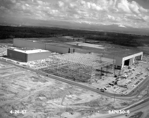 The Everett, Wash., original factory building under construction in April 1967. The factory was expanded in 1980 to house the 767 assembly line and in 1993 for 777 assembly. CLICK FOR LARGER. Image from Boeing.