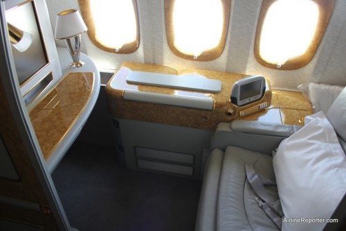 Emirates Airlines First Class product on their Boeing 777-200LR. Click for larger.