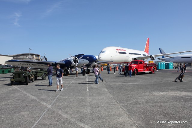 The Boeing 247D and a 787 Dreamliner are almost nose to nose. 