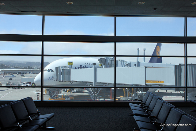 Lufthansa's Airbus A380 waits at SFO