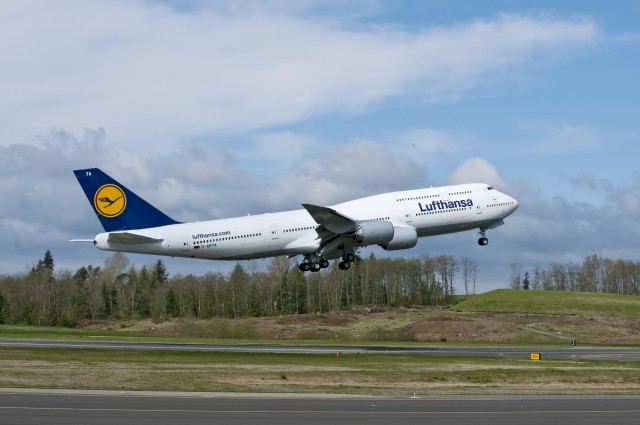 Lufthansa 747-8I (D-ABYA) takes off from Paine Field. Click for larger. Image from Boeing.