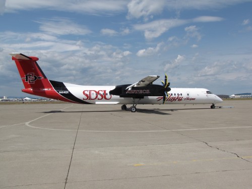 The newest livery on Horizon's Q400 is one for the San Diego State University Aztecs.