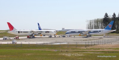 Boeing 787 Dreamliners for ANA, JAL and China Southern sit waiting for parts at Paine Field.