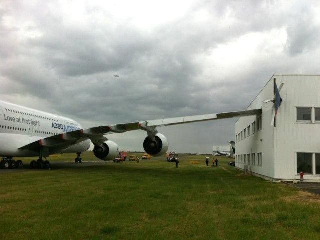 A380 wing hit building in Paris.