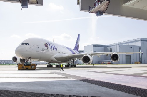 The first A380 for Thai Airways International (THAI) rolled out from the Airbus paint shop in Hamburg during 2012, in advance of its final phase of ground and flight testing. Hi-Res photo -- click for larger. Photo from Airbus.