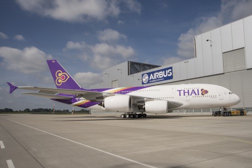 The first Thai Airways International (THAI) A380 rolled out of the Airbus paint shop during June 2012, marking completion of its painting and cabin installation work. Photo by Airbus.