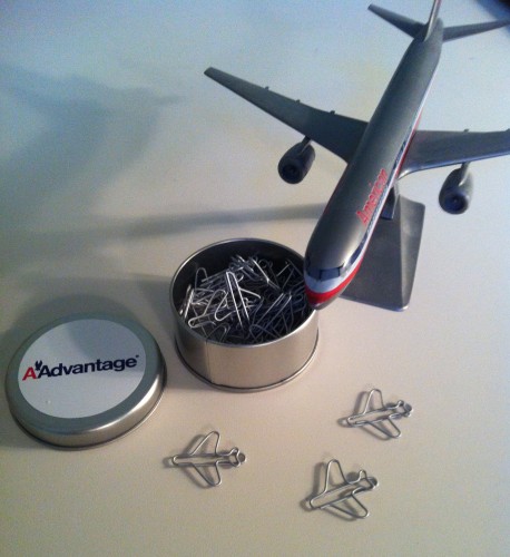 My American Airlines Boeing 757 and AAdvantage paper clips in my "real" office. CLICK FOR LARGER.