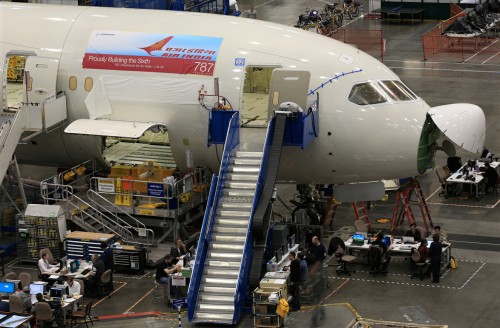 Air India Boeing 787 Dreamliner seen on the factory floor in Everett, WA. Photo by Jeremy Dwyer-Lindgren.