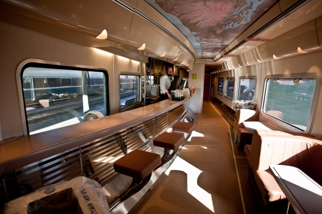 Inside the Dining car on the Amtrak Cascades. Notice the ceiling. Image by Jeremy Dwyer-Lindgren. 