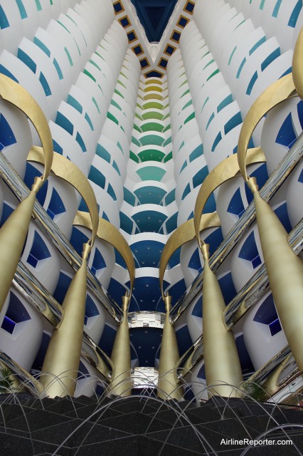 Once entering the The Burj Al Arab, be sure to look up for an amazingly rainbow view. 