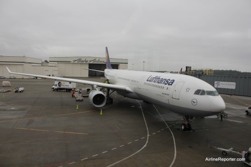 Lufthansa Airbus A330 at Seattle-Tacoma International Airport (SEA) waiting to go to Frankfurt (FRA).