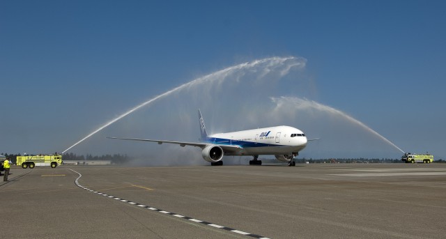 ANA's first Boeing 777-300ER arrives to SEA on July 25th to a water cannon salute. Courtesy Port of Seattle/Don Wilson